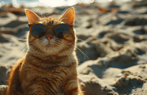 Cat with sunglasses on the beach, futurist style, heatwave