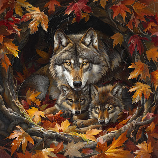 Mother wolf and her cubs nestled in autumn leaves