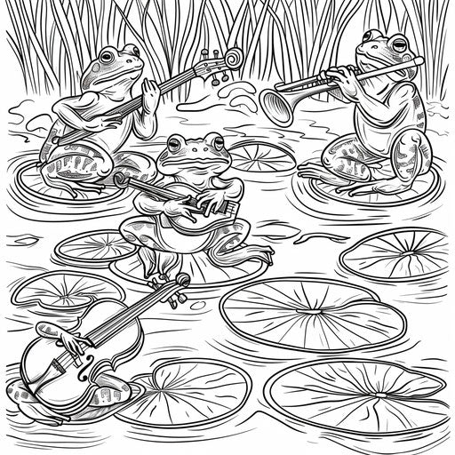 Frogs playing musical instruments on lily pads