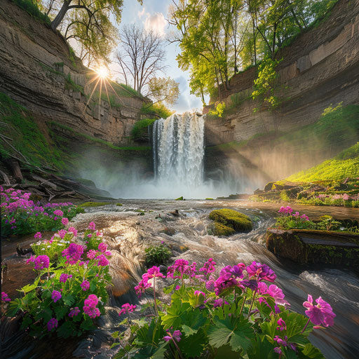 Minnehaha Falls, Minnesota, blooming flowers in spring