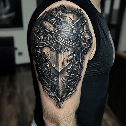 Black and grey tattoo with medieval armor, Adrian Smith style