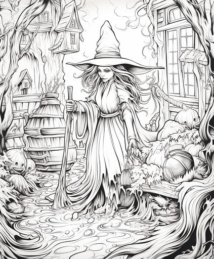 Witch and broom coloring page, in the style of mesmerizing colorscapes, poured, cottagepunk, ilford pan f, controversial, expansive, subtle 5:6