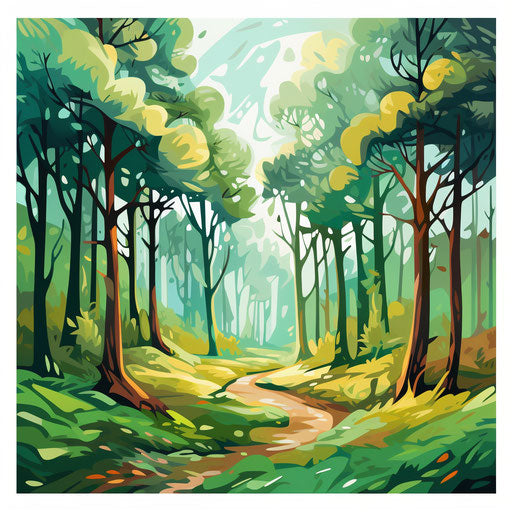 Cartoon forest in the style of Impressionistic Art, on white background