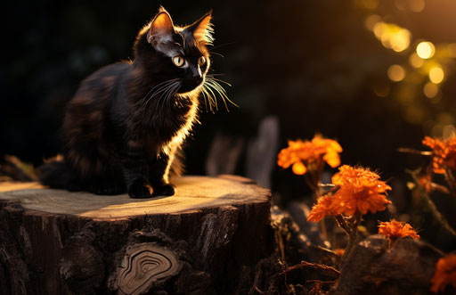 Black and Orange Cat Sitting on Stump, Mystic Symbolism Style