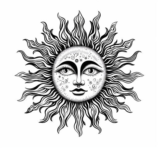 The sun with a closed face and eye in black and white