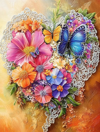 Colorful flowers, lace hearts, and butterflies, 3D diamond painting 29:38