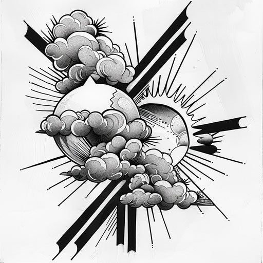 Contemporary tattoo sketch of abstract geometric clouds and sun rays, clipart style