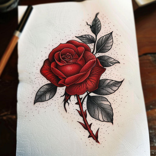 Retro-style tattoo sketch of a red rose with dotwork and a monochrome palette