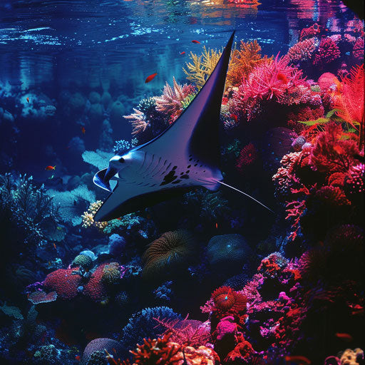 Manta ray swimming near a coral reef with vibrant colors