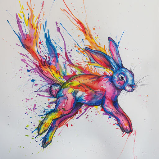 March Hare mid-leap tattoo with colorful energy