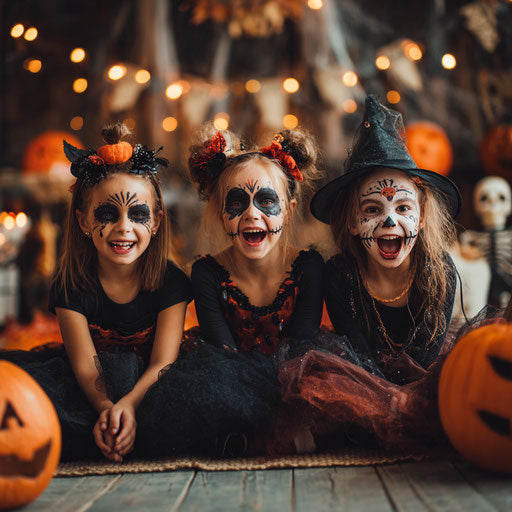 Three young girls in festive Halloween costumes and paint