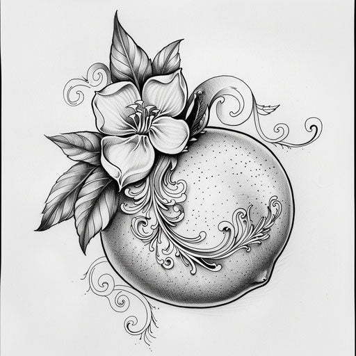 Stylish flat tattoo sketch of a lemon with elegant Art Nouveau floral patterns