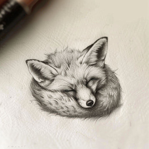 Peaceful flat tattoo sketch of a micro realism sleeping fox in a curled position