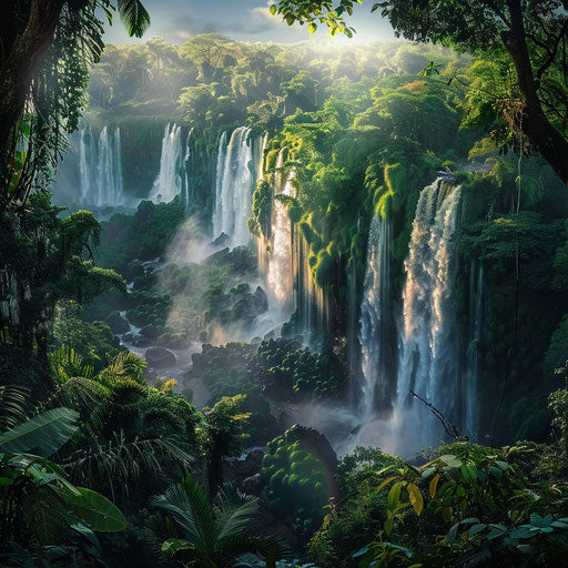 Iguazu Falls surrounded by dense greenery and vibrant colors