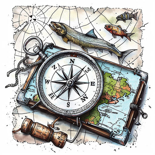 Compass and map with fishing theme in old-school tattoo