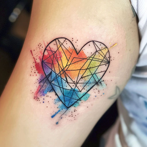Geometric heart tattoo with vivid colors on white canvas