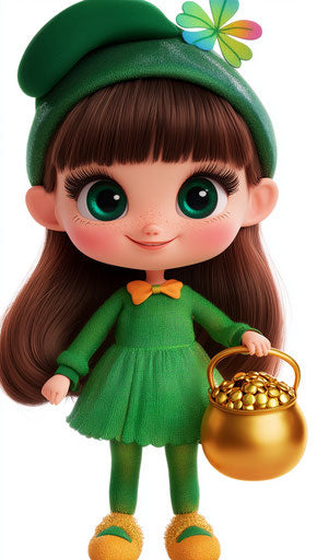 St. Patrick's Day, cute girl with pot of gold and rainbow