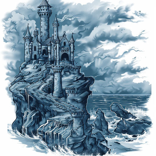 Castle on cliff overlooking sea in stormy blues and grays