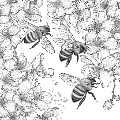 Bees flying over a blooming orchard