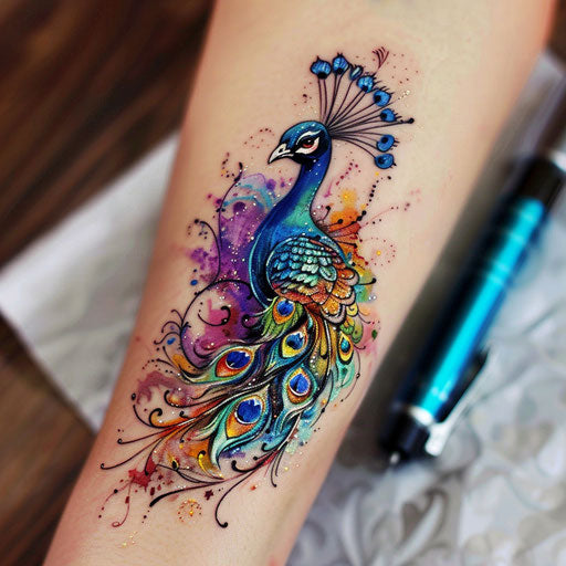 Elegant single needle tattoo sketch of a peacock with jewel-toned feathers