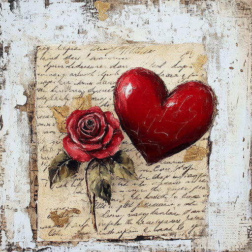 Valentine's Day wall art with red heart and rose on vintage love letters