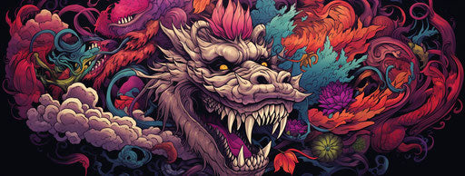 Japanese tattoo design, Chinese lion skull, dragons, and flowers