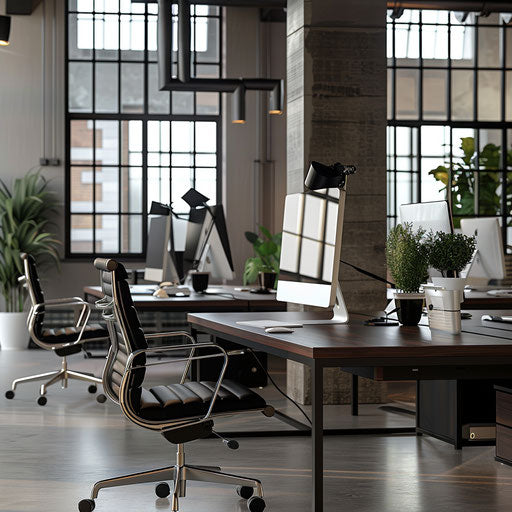 Well-organized office with spacious desks and modern computers
