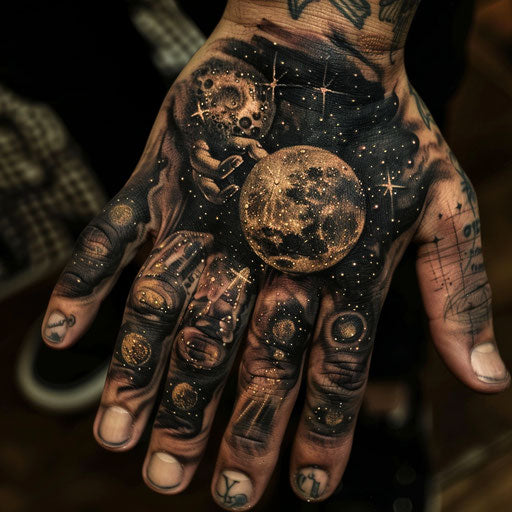 Celestial-themed knuckle tattoos