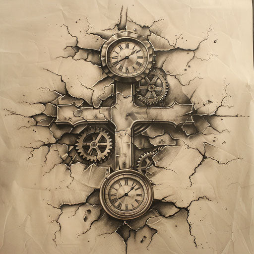 Strength cross tattoo with clock and gears