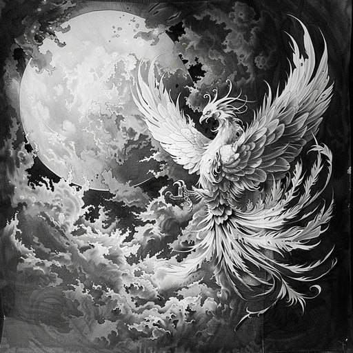 Tattoo sketch of a phoenix rising from flames, full sleeve for men