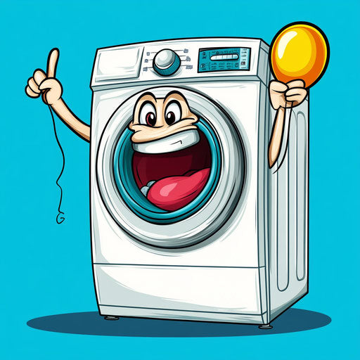 Humorous caricature of a washing machine with human characteristics