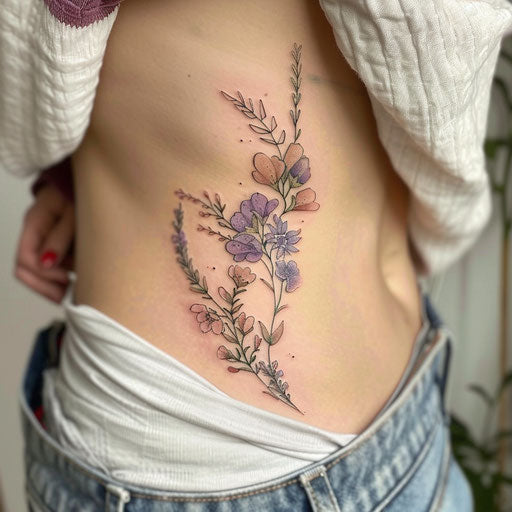 Wildflower ribcage tattoo, trailing design, soft pinks and purples, delicate