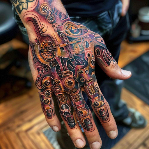 Hand tattoo for men with biomechanical designs
