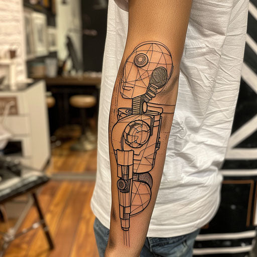 Outline tattoo of a robot, in the style of Humberto Ramos