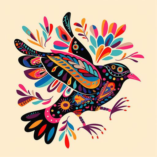 Bird silhouette clipart: folk art tattoo sketch, vibrant colors