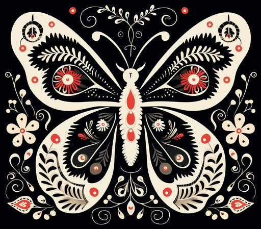 Black butterfly with ornate designs in cartoon abstraction style