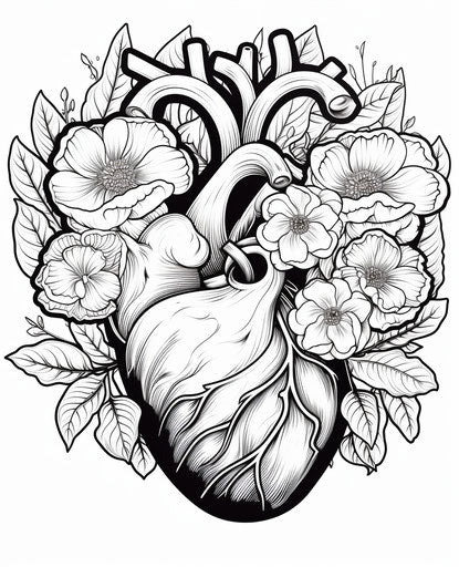Fresh and free heart coloring pages with dark flowers and light aquamarine
