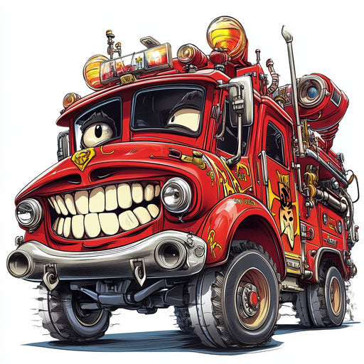 Humorous caricature of a fire engine with human characteristics
