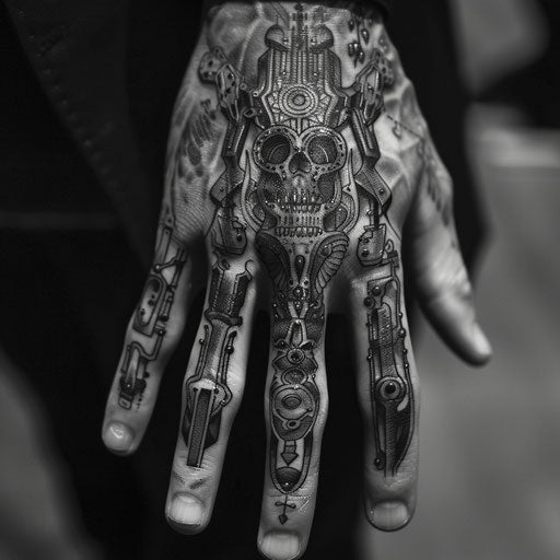 Men's finger tattoos in the style of J.P. Targete with futuristic, surreal designs