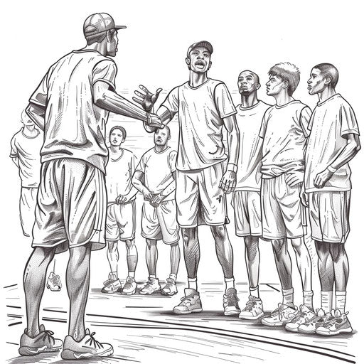 Detailed illustration of a basketball coach giving instructions to the team