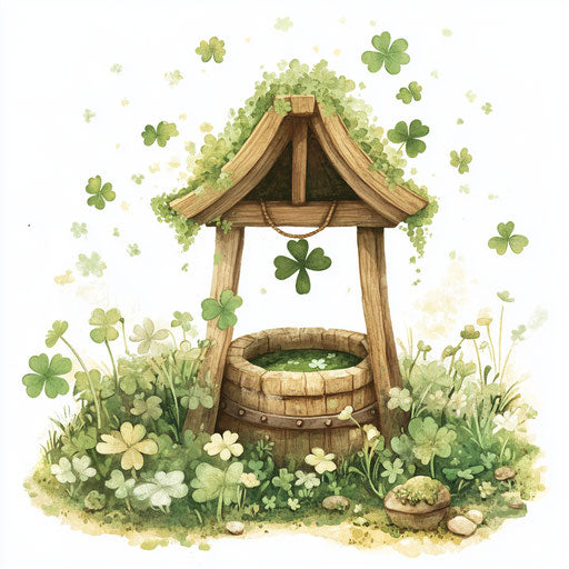 Wooden well with green clovers for St. Patrick's celebration