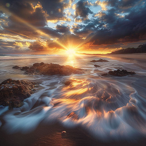 Sunrise on a sunny beach with dramatic lighting