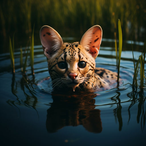 A serval cat swimming in a lake by the shore