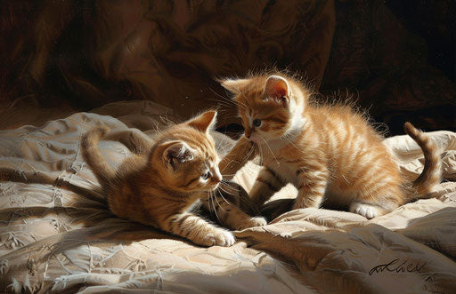 Kittens playing on a bed, dark brown and white style