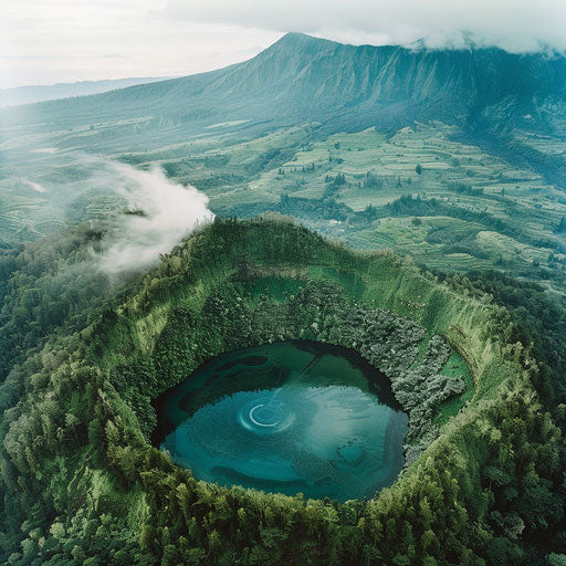 Aerial view of Mount Batur's crater and surrounding forests