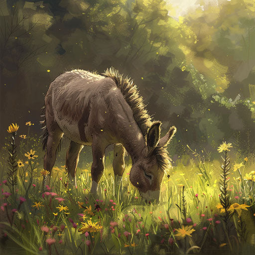 Donkey grazing in a sunlit meadow with wildflowers