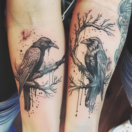 Brother and sister tattoos of a raven, in the style of Adrian Smith