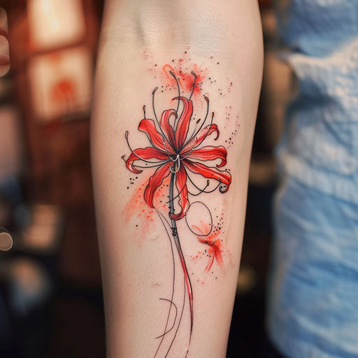 Romantic tattoo sketch of a red spider lily with soft watercolor