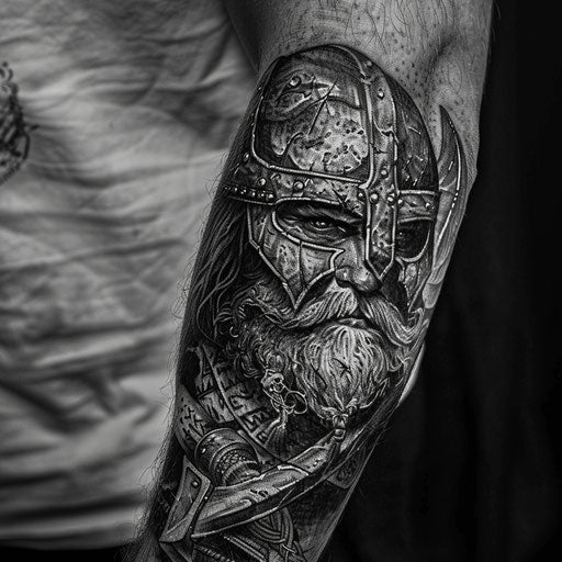 Elbow tattoo of a Viking warrior, in the style of Adrian Smith, on the elbow