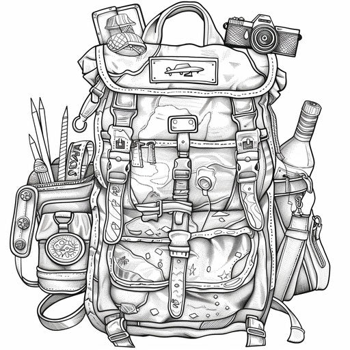 Traveler's backpack with souvenirs and gear - Coloring book